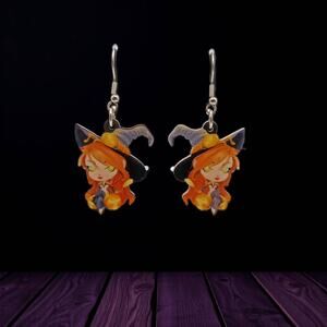 Witchy Dangle Earrings Cute Gothic Witch Orange Hair Double Sided